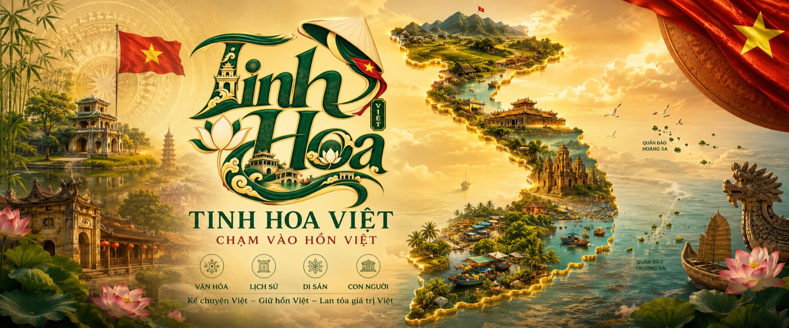 Tinh Hoa Việt với bản đồ Việt Nam, biểu tượng văn hóa, lịch sử, di sản và con người