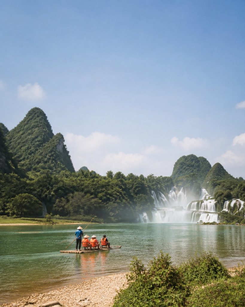 Bè tre chở du khách trên sông Quây Sơn phía trước thác Bản Giốc