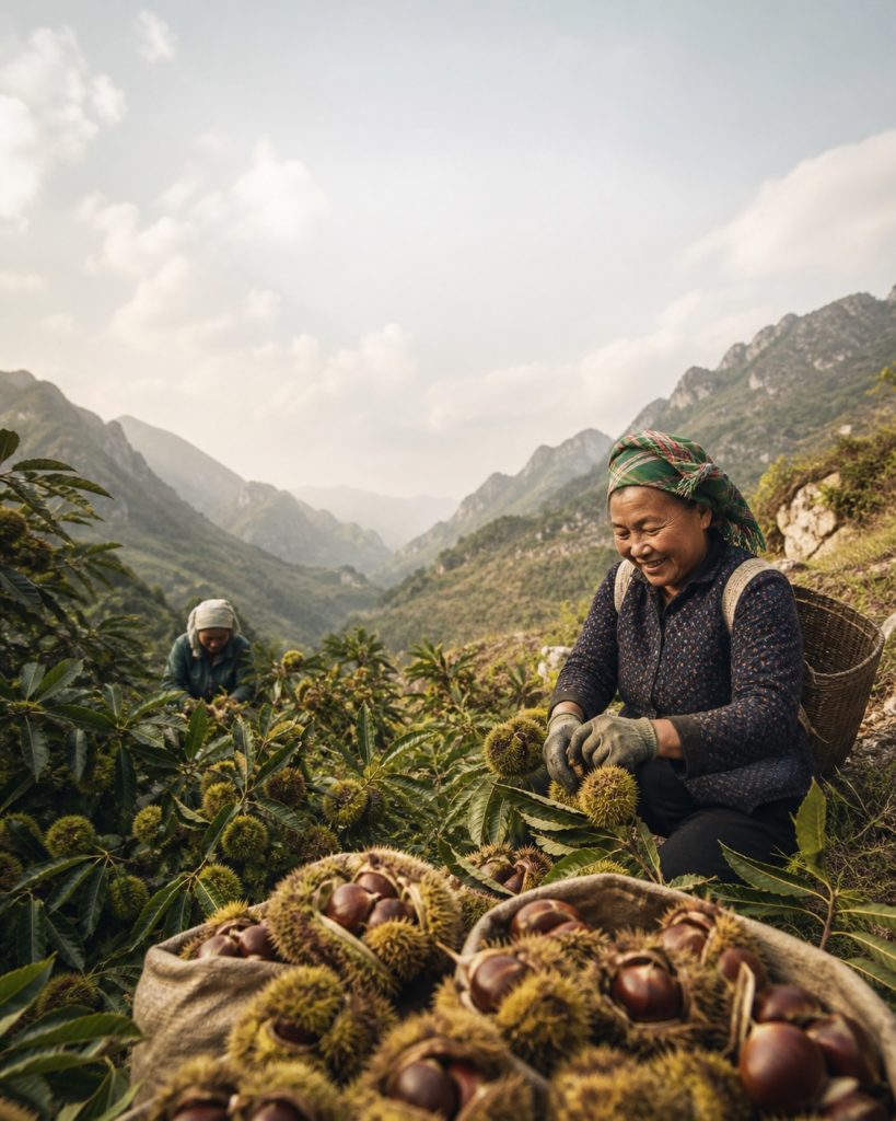 Người dân thu hoạch hạt dẻ trong vườn dẻ Trùng Khánh Cao Bằng