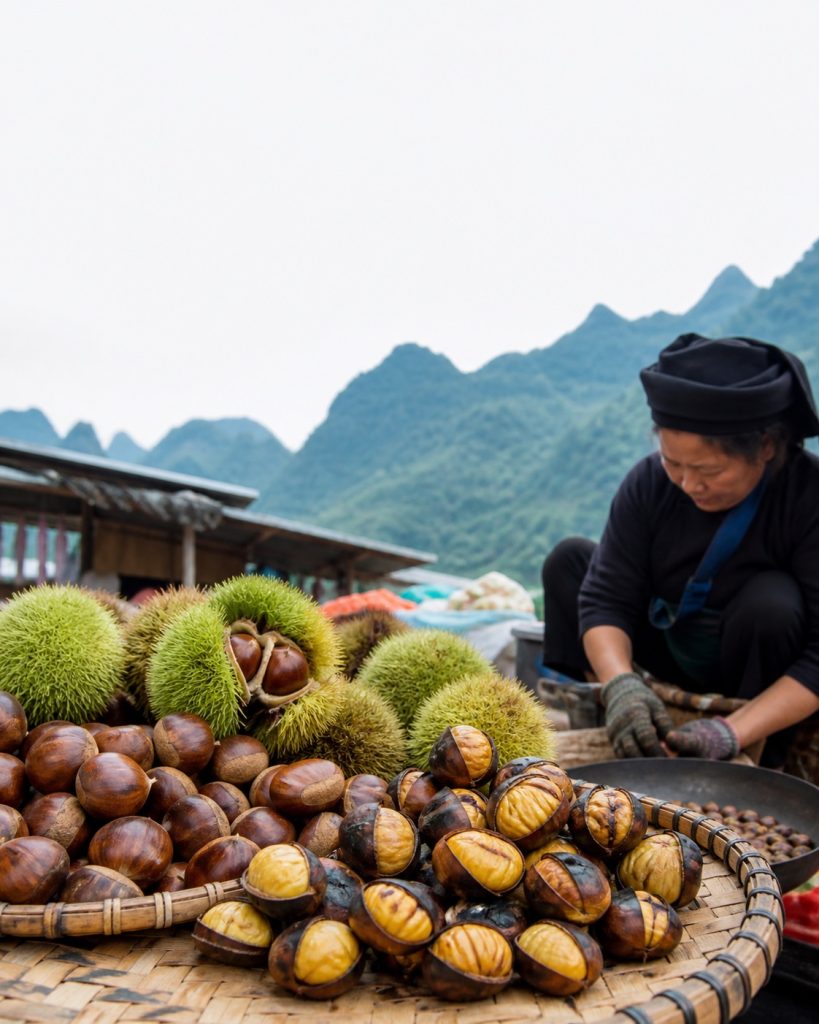 Hạt dẻ Trùng Khánh tươi và hạt rang bày trên mẹt tre tại chợ