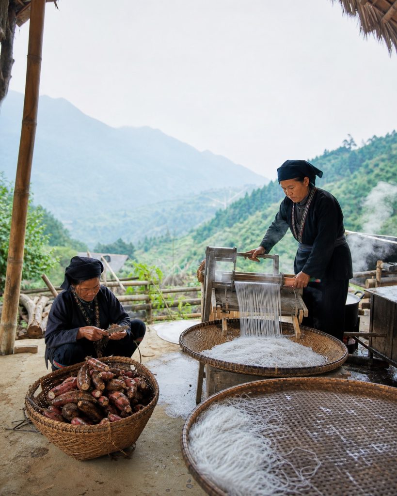 Người dân chế biến củ dong và làm miến dong Phia Đén tại Cao Bằng