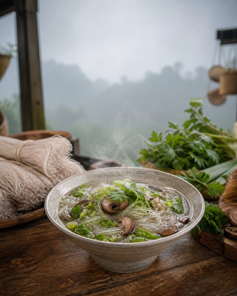 Bát miến dong Phia Đén nấu với nấm và rau thơm vùng cao