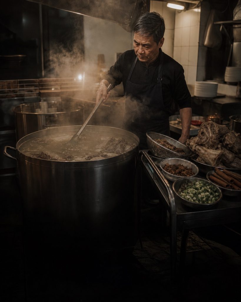 Người nấu phở Hà Nội chăm nồi nước dùng trong bếp